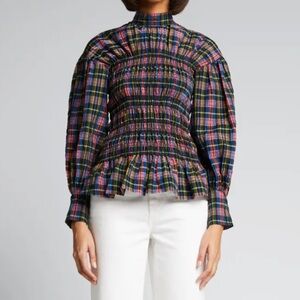 GANNI Smocked Plaid High-Neck Top Size 32